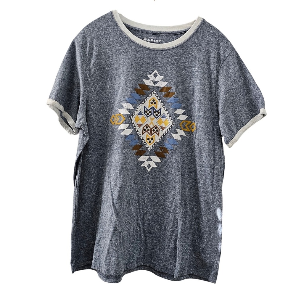 Men's Ariat Aztec Design Ringer T-shirt Short Sleeves Blue Top Size XL